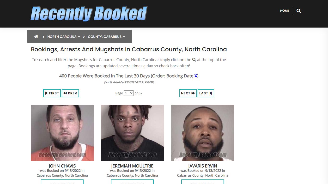 Bookings, Arrests and Mugshots in Cabarrus County, North Carolina